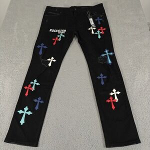 Rockstar Brody Patchwork Jeans‎ Mens 42 Ultra Slim Distressed Cross Denim New